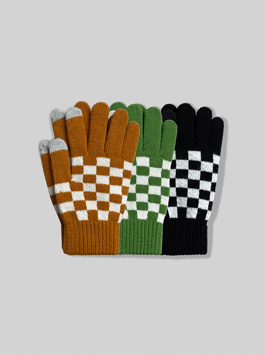 Checkerboard knit gloves